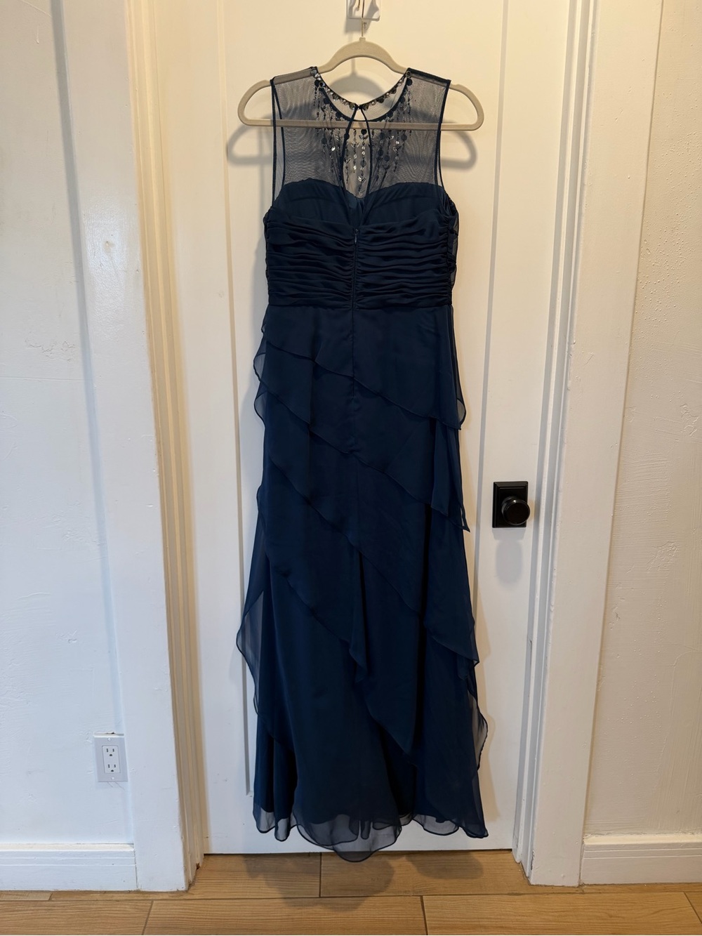 Adrianna Papell Navy Beaded Illusion Evening Gown - Picture 5 of 9